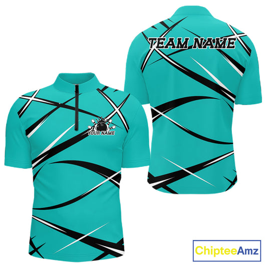 Front and back view of a men s bowling quarter zip shirt mockup featuring a turquoise blue, black, and white athletic bowling jersey pattern
