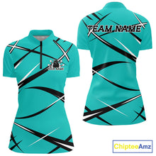 Load image into Gallery viewer, Women's bowling quarter-zip shirt mockup with front and back views, custom name, and turquoise blue jersey graphics

