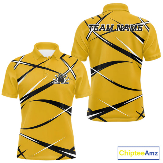 Front and back mockup of a men's bowling polo in yellow, black, and white with a custom name.