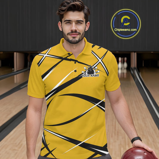 Front view of a male bowler in a bowling alley wearing a yellow, black, and white bowling polo shirt with an athletic jersey pattern