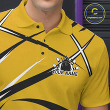Load image into Gallery viewer, Close up of the left chest area on a bowling polo shirt featuring a yellow, black, and white athletic jersey pattern