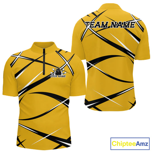 Front and back mockup of a men's quarter zip bowling shirt in yellow, black, and white with a custom name.
