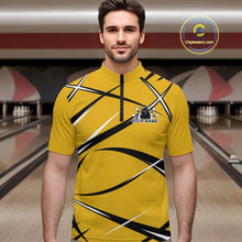 Load image into Gallery viewer, Front view of a male bowler in a bowling lane wearing a yellow, black, and white bowling quarter zip shirt