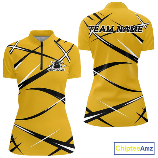 Front and back view of a women s bowling quarter zip shirt mockup featuring a yellow, black, and white sporty bowling jersey design