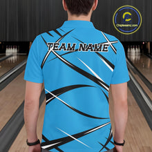 Load image into Gallery viewer, Back view of a male bowler in a bowling alley wearing a blue, black, and white bowling polo shirt with an athletic jersey pattern\