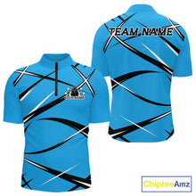 Load image into Gallery viewer, Men's bowling quarter-zip shirt mockup showing front and back views with a custom name and blue, black, and white jersey pattern
