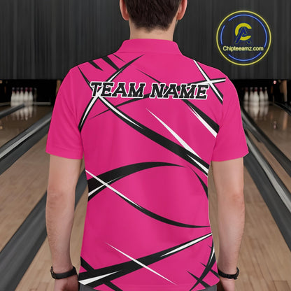 Back view of a male bowler in a bowling alley wearing a pink, black, and white bowling polo shirt with a sporty jersey design
