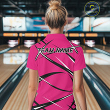 Load image into Gallery viewer, Back view of a female bowler wearing a pink, black, and white bowling quarter zip shirt with a sporty jersey look
