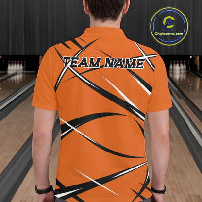 Back view of a male bowler wearing an orange, black, and white bowling polo shirt in a bowling lane