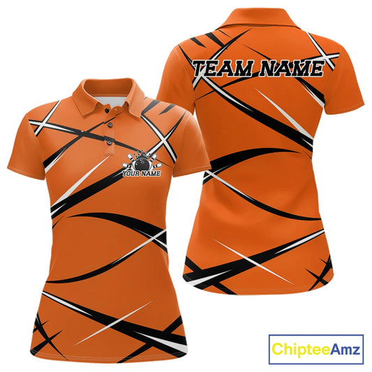 Front and back view of a women's bowling polo shirt mockup featuring an orange, black, and white sporty jersey-inspired design
