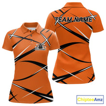 Load image into Gallery viewer, Front and back view of a women's bowling polo shirt mockup featuring an orange, black, and white sporty jersey-inspired design