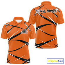 Load image into Gallery viewer, Front and back view of a men's bowling polo shirt mockup showcasing an orange, black, and white athletic bowling jersey pattern