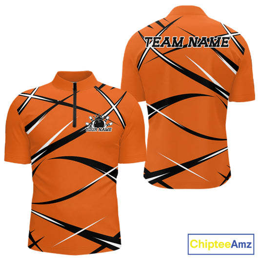 Front and back mockup of a men's quarter zip bowling shirt in orange, black, and white with a custom name.
