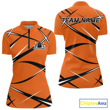 Load image into Gallery viewer, Front and back view of a women's bowling quarter-zip shirt mockup with an orange, black, and white sporty bowling jersey design