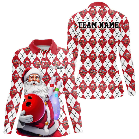 White And Red Bowling Argyle Pattern Custom Christmas Santa Bowling Team Shirts For Women IPHW7846