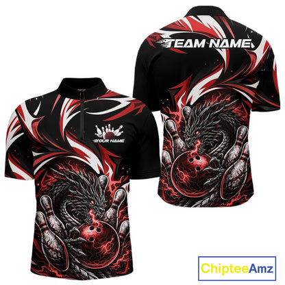 Custom Red Lightning Dragon Bowling Men Quarter-Zip Shirts, Dragon Bowling League Shirt IPHW10356