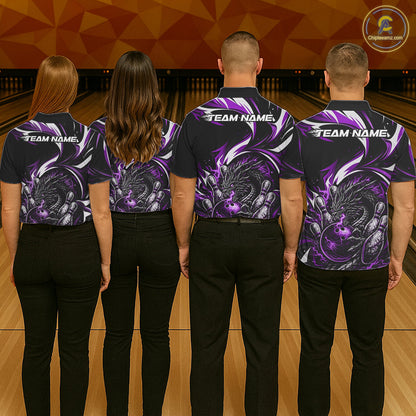 Custom Purple Lightning Dragon Bowling Men Polo Shirts, Dragon Bowling League Shirt IPHW10358