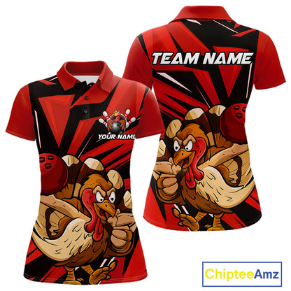 Custom Funny Turkey Bowling Shirts For Women, Red Thanksgiving Bowling Shirt Team Uniform IPHW10675