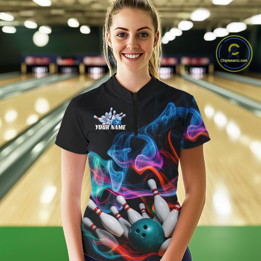 Custom Colorful Smoke Bowling Women Quarter-Zip Shirt, Bowling League Shirt Bowler Outfit IPHW9018