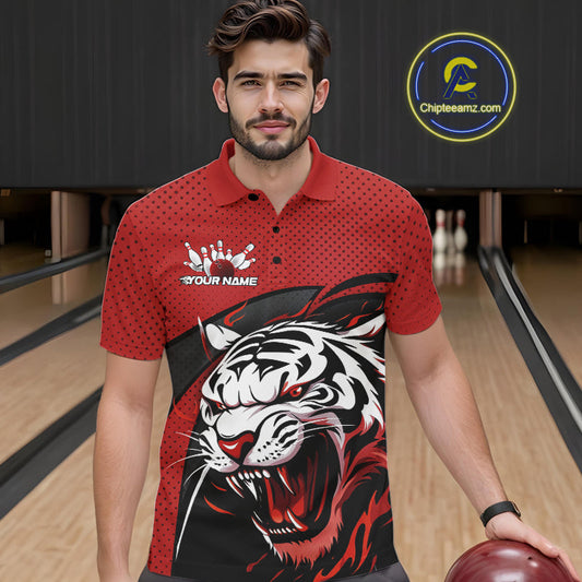 Custom Black And Red Tiger Bowling Team Polo Shirts For Men, Bowling League Shirt IPHW9019
