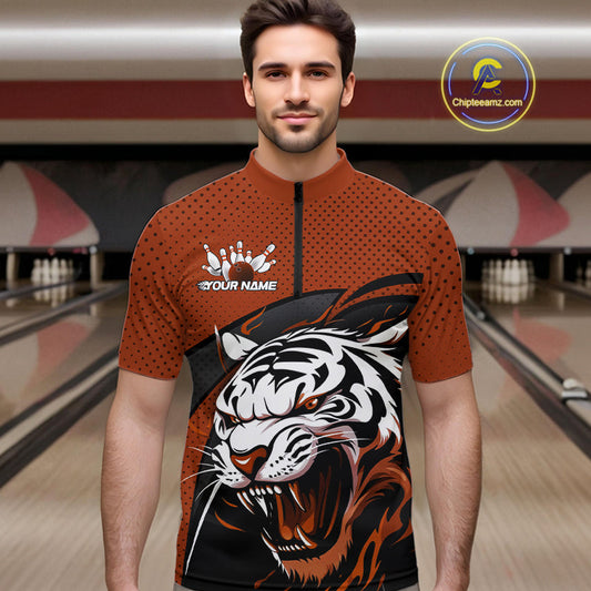 Custom Black And Orange Tiger Bowling Team Quarter-Zip Shirts For Men, Bowling League Shirt IPHW9021