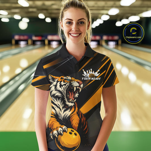 Personalized Tiger Bowling Team Women Polo Shirts, Black And Yellow Tiger Bowling Jerseys IPHW9022