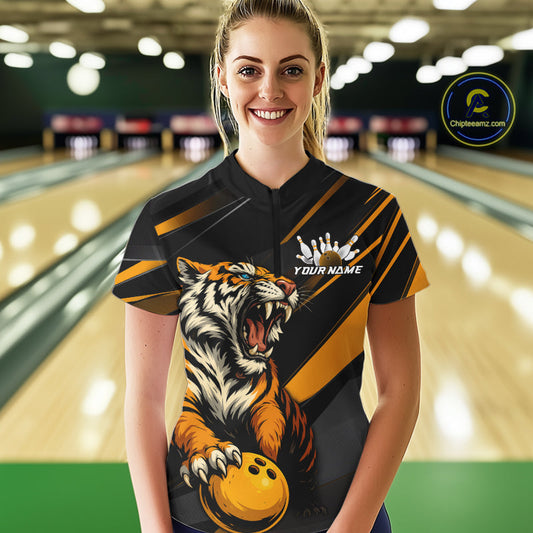 Personalized Tiger Bowling Team Women Quarter-Zip Shirts, Yellow Tiger Bowling Jerseys IPHW9022