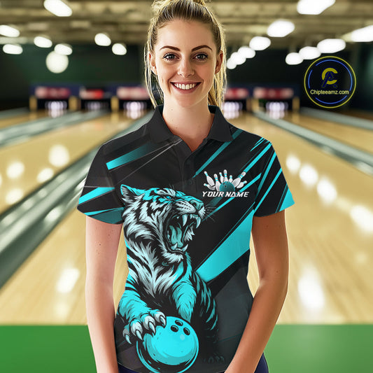 Personalized Tiger Bowling Team Women Polo Shirts, Black And Blue Tiger Bowling Jerseys IPHW9023