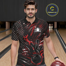 Load image into Gallery viewer, Custom Black And Red Patriotic Flame Bowling Jerseys, US Flag Bowling Shirt For Men IPHW11170