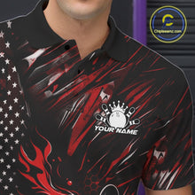 Load image into Gallery viewer, Custom Black And Red Patriotic Flame Bowling Jerseys, US Flag Bowling Shirt For Men IPHW11170