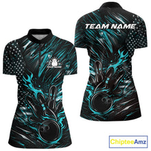 Load image into Gallery viewer, Custom Turquoise Blue Patriotic Flame Bowling Jerseys, US Flag Bowling Shirt For Women IPHW11171