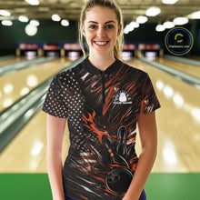 Load image into Gallery viewer, Custom Black And Orange Patriotic Flame Bowling Jerseys, US Flag Bowling Shirt For Women IPHW11174