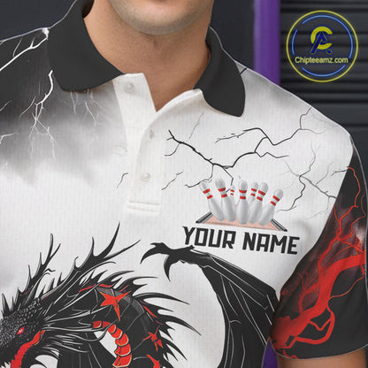 Close up front view of the chest area on a custom quarter zip bowling shirt featuring a red dragon and lightning strikes design.