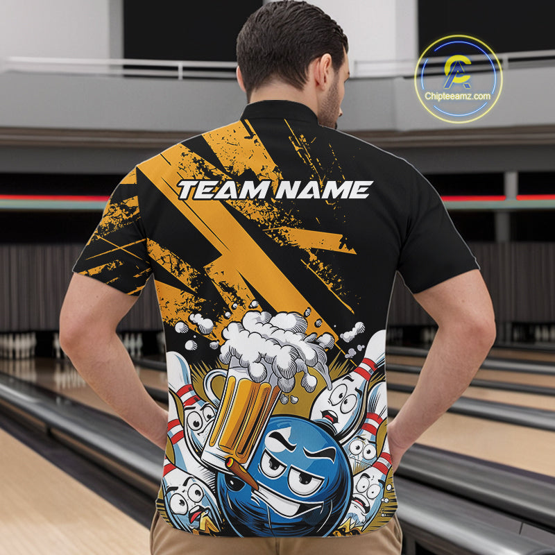 Custom Funny Cool Bowling Ball Bowling And Beer Men Quarter-Zip Shirts, Grunge Bowling Uniform IPHW9611