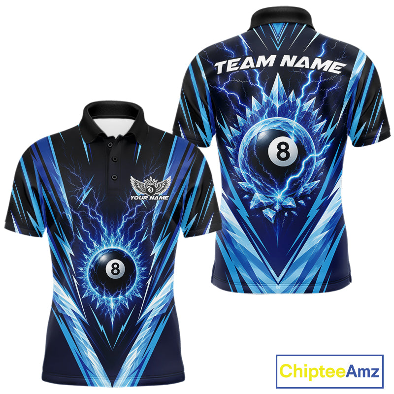 Custom Blue Icy Lightning 8 Ball Billiards Men Polo Shirt, Billiards Team Jerseys IPHW11757
