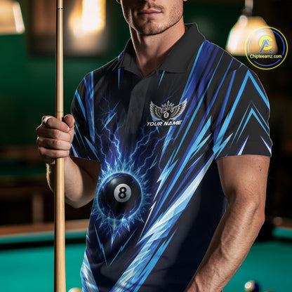 Custom Blue Icy Lightning 8 Ball Billiards Men Polo Shirt, Billiards Team Jerseys IPHW11757