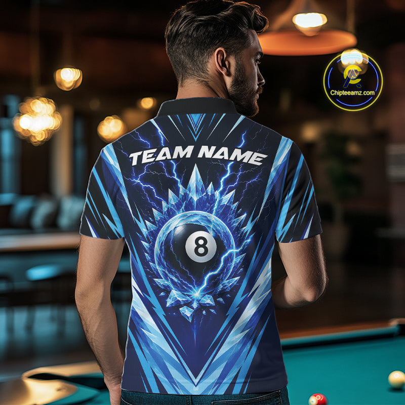 Custom Blue Icy Lightning 8 Ball Billiards Men Polo Shirt, Billiards Team Jerseys IPHW11757