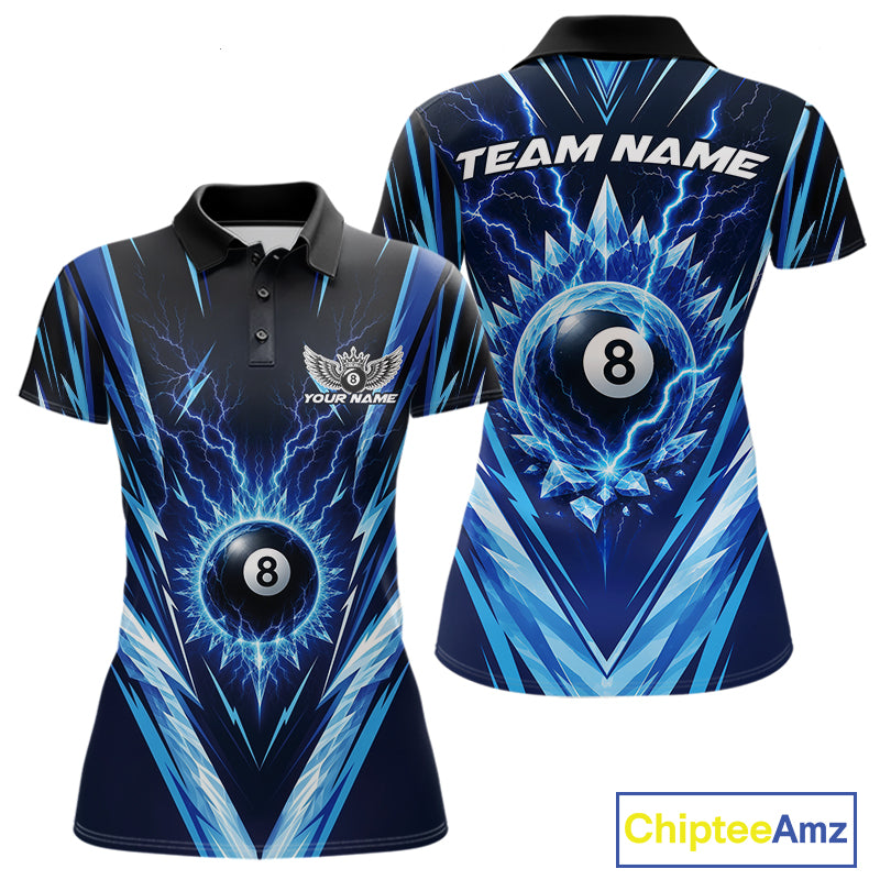 Custom Blue Icy Lightning 8 Ball Billiards Women Polo Shirt, Billiards Team Jerseys IPHW11757