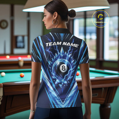 Custom Blue Icy Lightning 8 Ball Billiards Women Polo Shirt, Billiards Team Jerseys IPHW11757