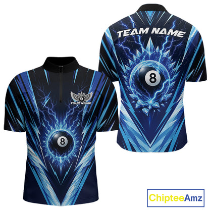 Custom Blue Icy Lightning 8 Ball Billiards Men Quarter Zip Shirt, Billiards Team Jerseys IPHW11757