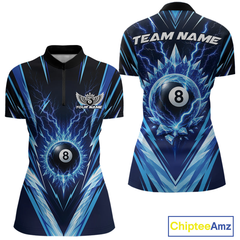 Custom Blue Icy Lightning 8 Ball Billiards Women Quarter-Zip Shirt, Billiards Jerseys IPHW11757