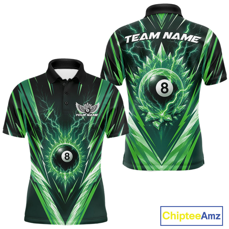 Custom Green Icy Lightning 8 Ball Billiards Men Polo Shirt, Billiards Team Jerseys IPHW11758
