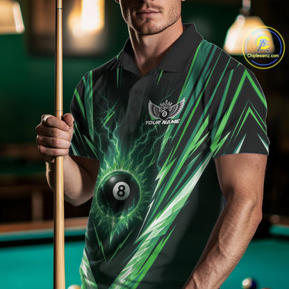 Custom Green Icy Lightning 8 Ball Billiards Men Polo Shirt, Billiards Team Jerseys IPHW11758