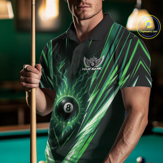 Custom Green Icy Lightning 8 Ball Billiards Men Polo Shirt, Billiards Team Jerseys IPHW11758