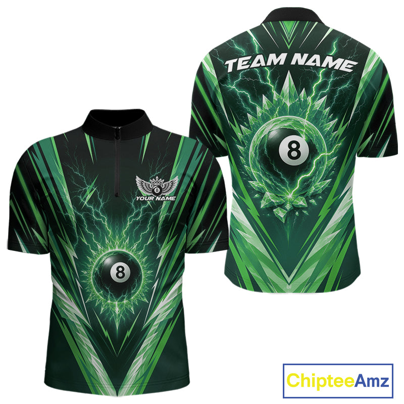 Custom Green Icy Lightning 8 Ball Billiards Men Quarter Zip Shirt, Billiards Team Jerseys IPHW11758