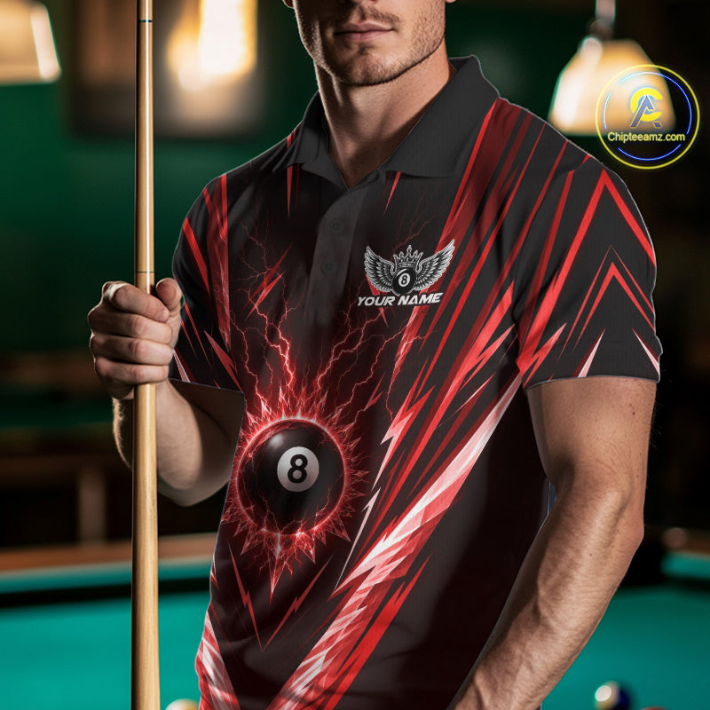 Custom Red Icy Lightning 8 Ball Billiards Men Polo Shirt, Billiards Team Jerseys IPHW11759