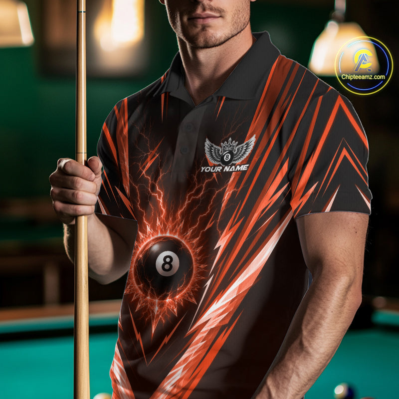 Custom Orange Icy Lightning 8 Ball Billiards Men Polo Shirt, Billiards Team Jerseys IPHW11760