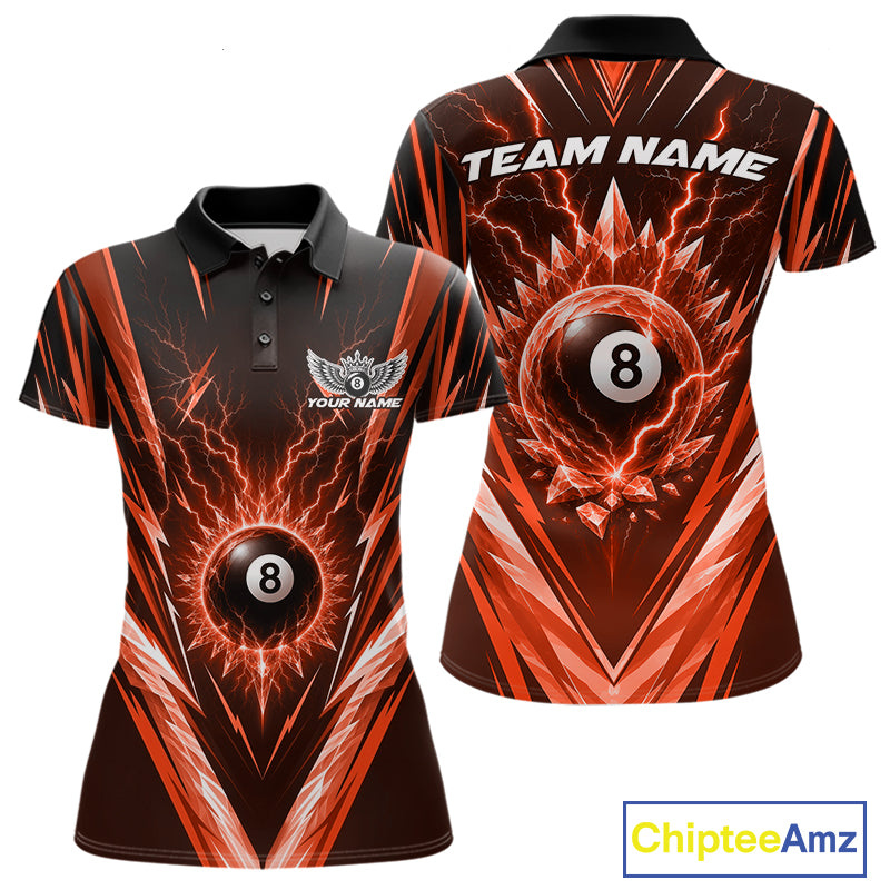 Custom Orange Icy Lightning 8 Ball Billiards Women Polo Shirt, Billiards Team Jerseys IPHW11760