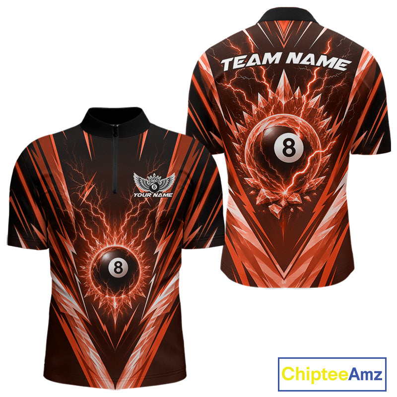 Custom Orange Icy Lightning 8 Ball Billiards Men Quarter Zip Shirt, Billiards Team Jerseys IPHW11760