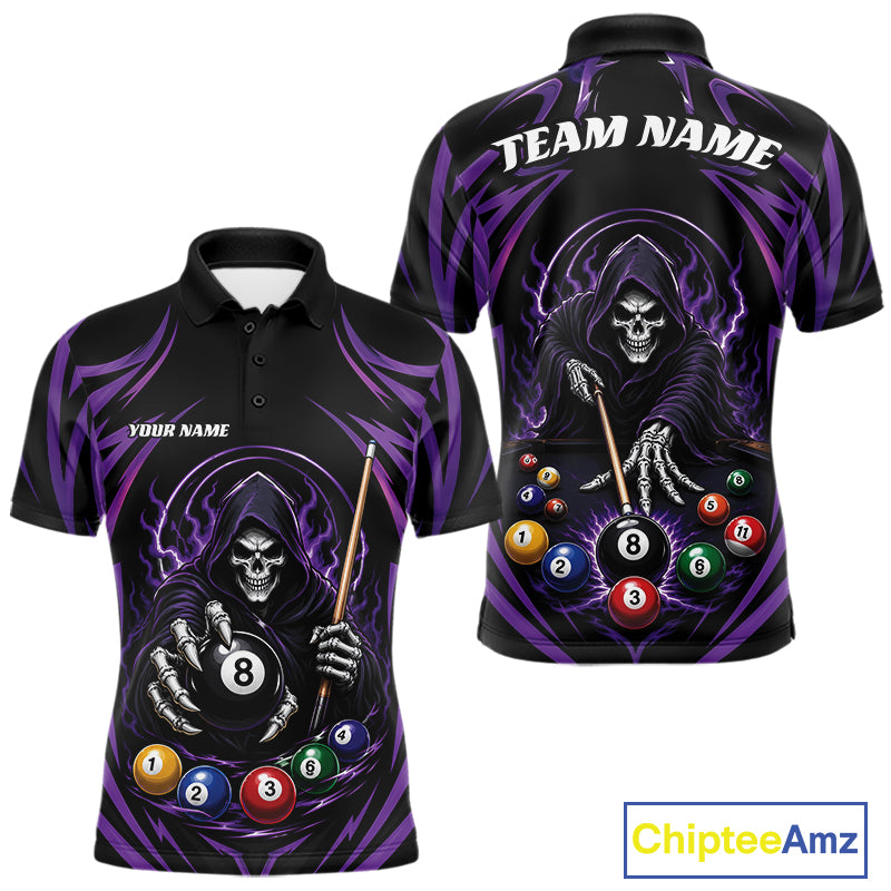 Custom Purple Grim Reaper Billiards Men Polo Shirt, Halloween Pool Team Outfit IPHW11769
